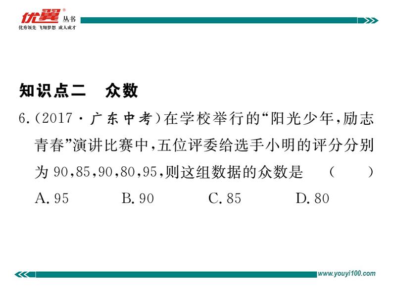 初中数学8下20.1.2 第1课时 中位数和众数习题讲评课件第6页