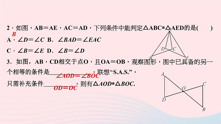 數(shù)學(xué)華東師大版八年級(jí)上冊(cè)同步教學(xué)課件第13章全等三角形13.2三角形全等的判定3邊角邊作業(yè)第7頁(yè)