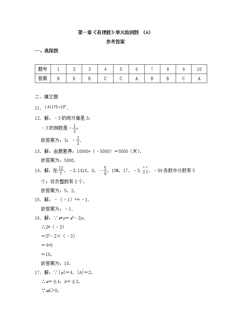人教版 七年级上册 第一章《有理数》单元测试卷(A)01