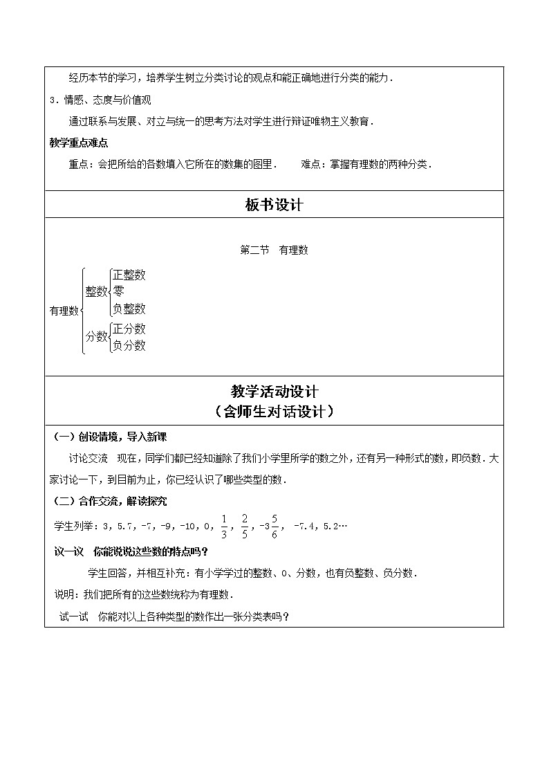 初中数学人教版七年级上册第一章 有理数 1.2 有理数 1.2.1 有理数教学设计02