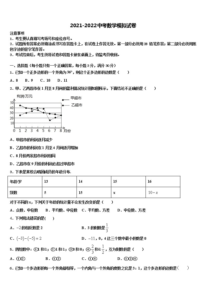 福建省尤溪一中学文公分校2022年中考数学考前最后一卷含解析第1页