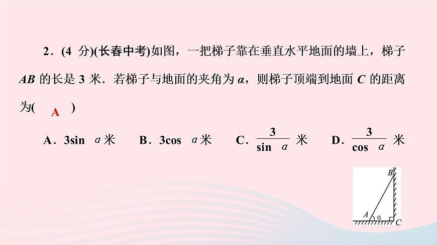 數(shù)學(xué)人教版九年級下冊同步教學(xué)課件第28章銳角三角函數(shù)28.2解直角三角形及其應(yīng)用28.2.2應(yīng)用舉例第1課時解直角三角形的簡單應(yīng)用作業(yè)第4頁