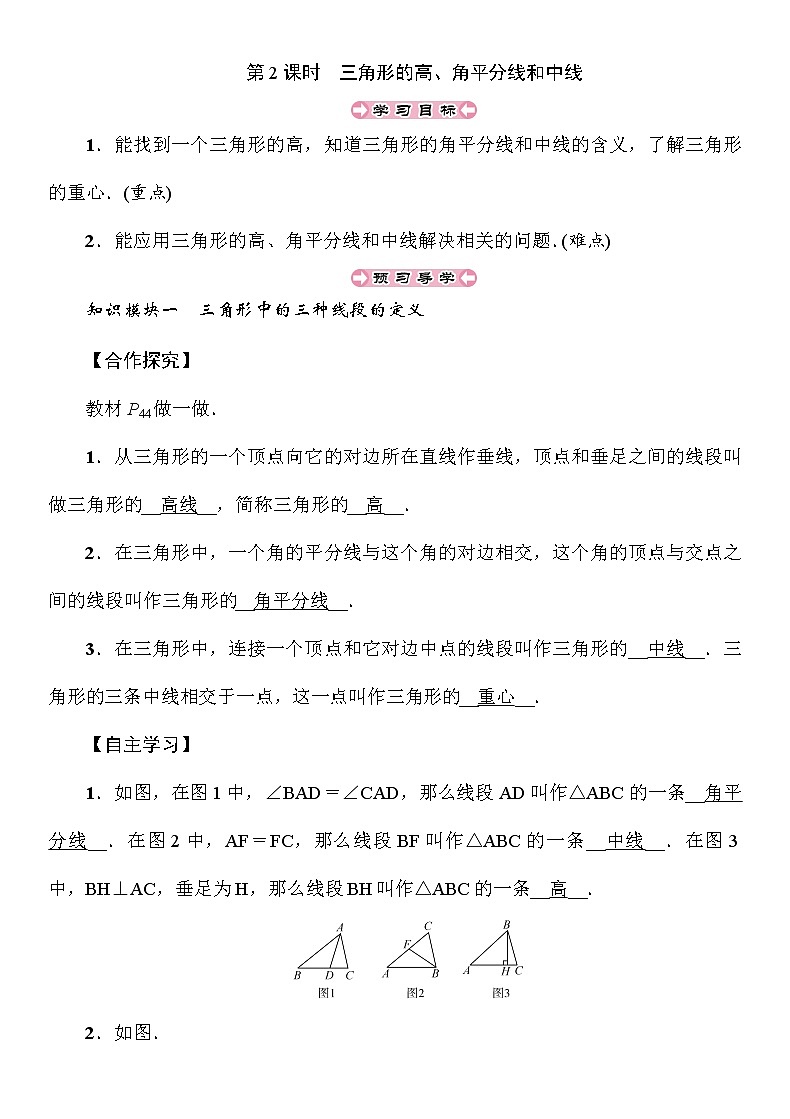 2.1 第2课时 三角形的高、角平分线和中线 湘教版八年级上册数学导学案01