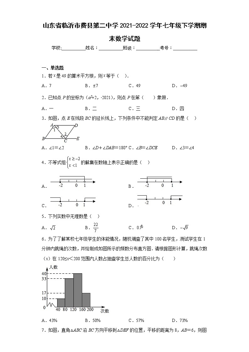 山东省临沂市费县第二中学2021-2022学年七年级下学期期末数学试题(含答案)第1页