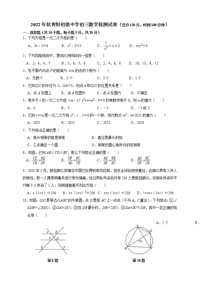 江苏省江阴市青阳初级中学2022-2023学年上学期九年级10月检测数学试卷(含答案)第1页