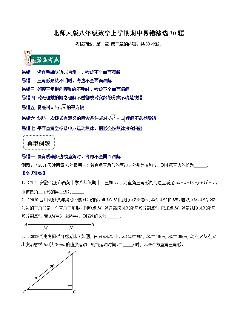 北师大版八年级数学上学期期中易错精选30题-八年级数学上学期期中期末考点大串讲(北师大版)01