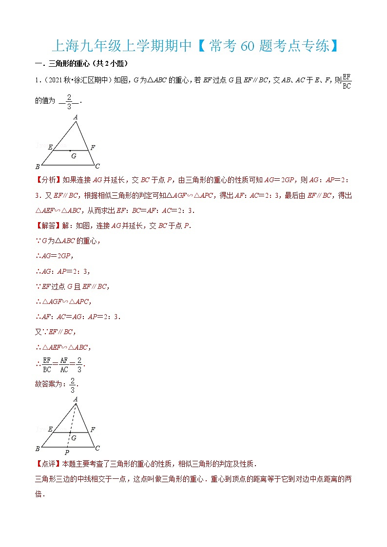 上海九年级上学期期中【常考60题考点专练】-2022-2023学年九年级数学上学期期中期末考点大串讲(沪教版)01
