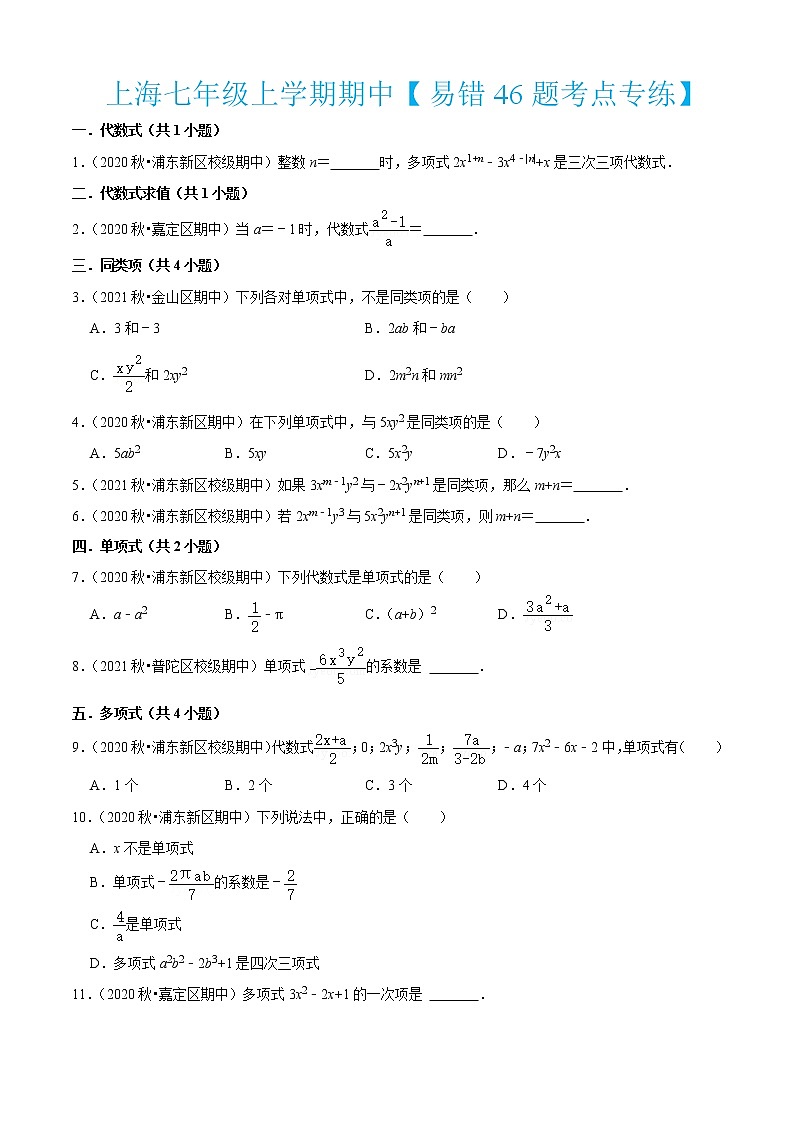 上海七年级上学期期中【易错46题考点专练】-2022-2023学年七年级数学上学期期中期末考点大串讲(沪教版)01