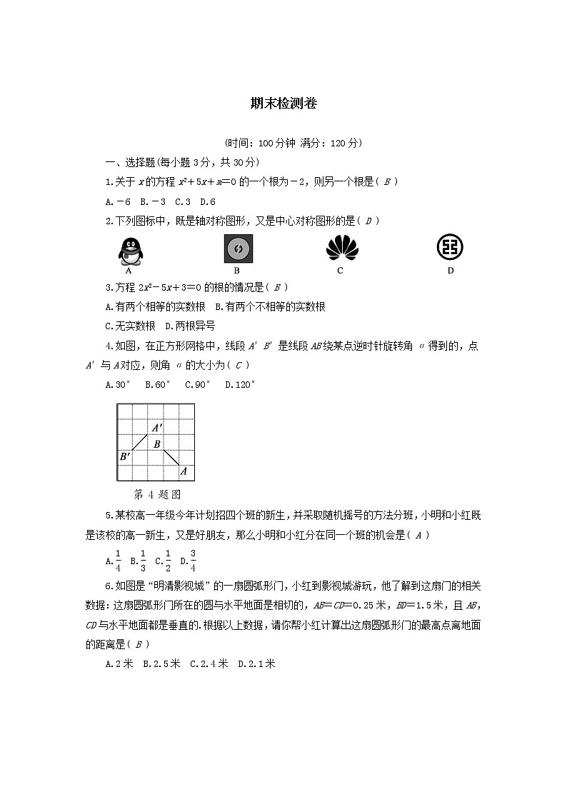 2022人教版九年级数学上学期期末检测卷(附答案)第1页