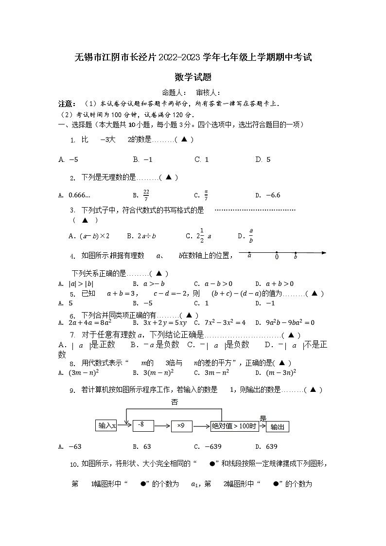 无锡市江阴市长泾片2022-2023学年七年级上学期期中考试数学试题(含答案)第1页