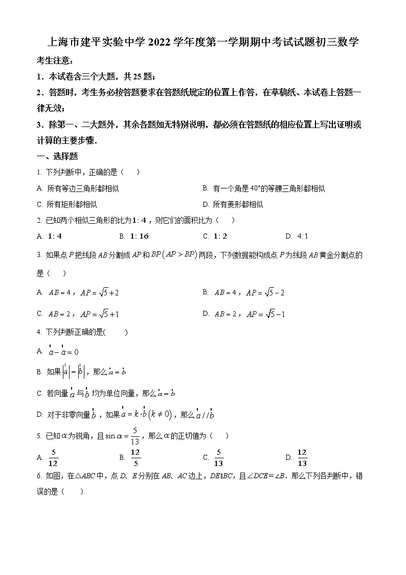 上海市建平实验中学2022-2023学年九年级上学期期中考试试题数学(含答案)第1页