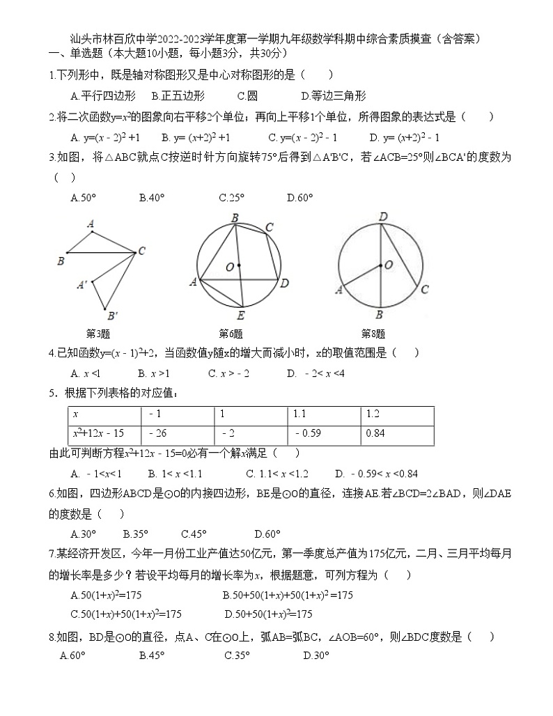 广东省汕头市林百欣中学2022-2023学年九年级上学期 数学科期中综合素质摸查试题 (含答案)第1页