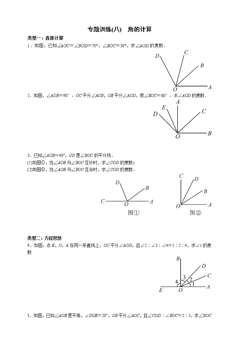 人教版数学七年级上册专题训练(八) 角的计算01