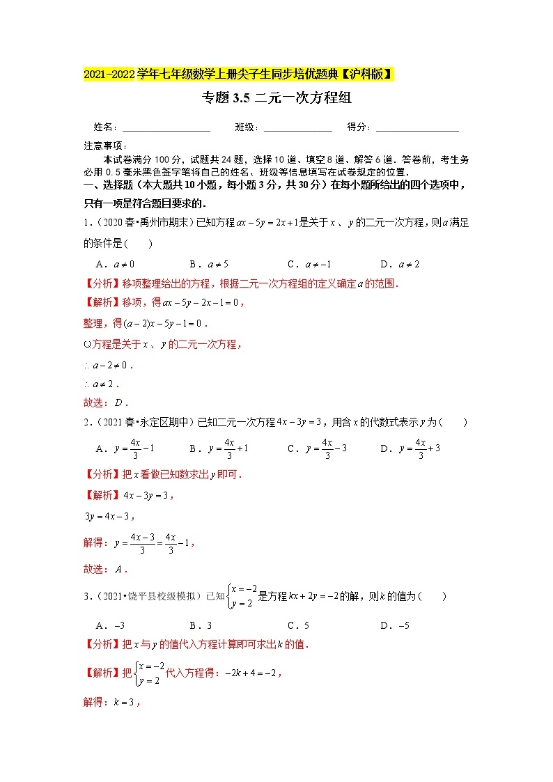 专题3.6二元一次方程组练习（原卷+解析）01