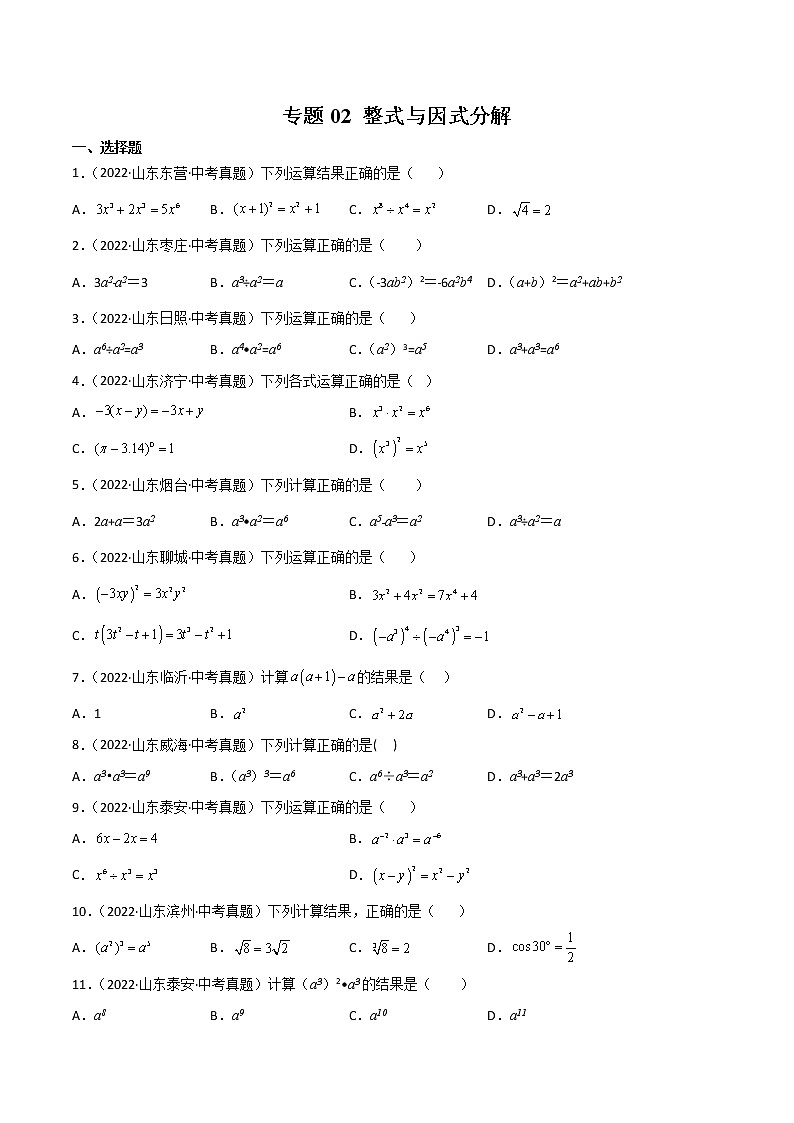 2020-2022年山东中考数学3年真题汇编 专题02 整式与因式分解(学生卷+教师卷)01