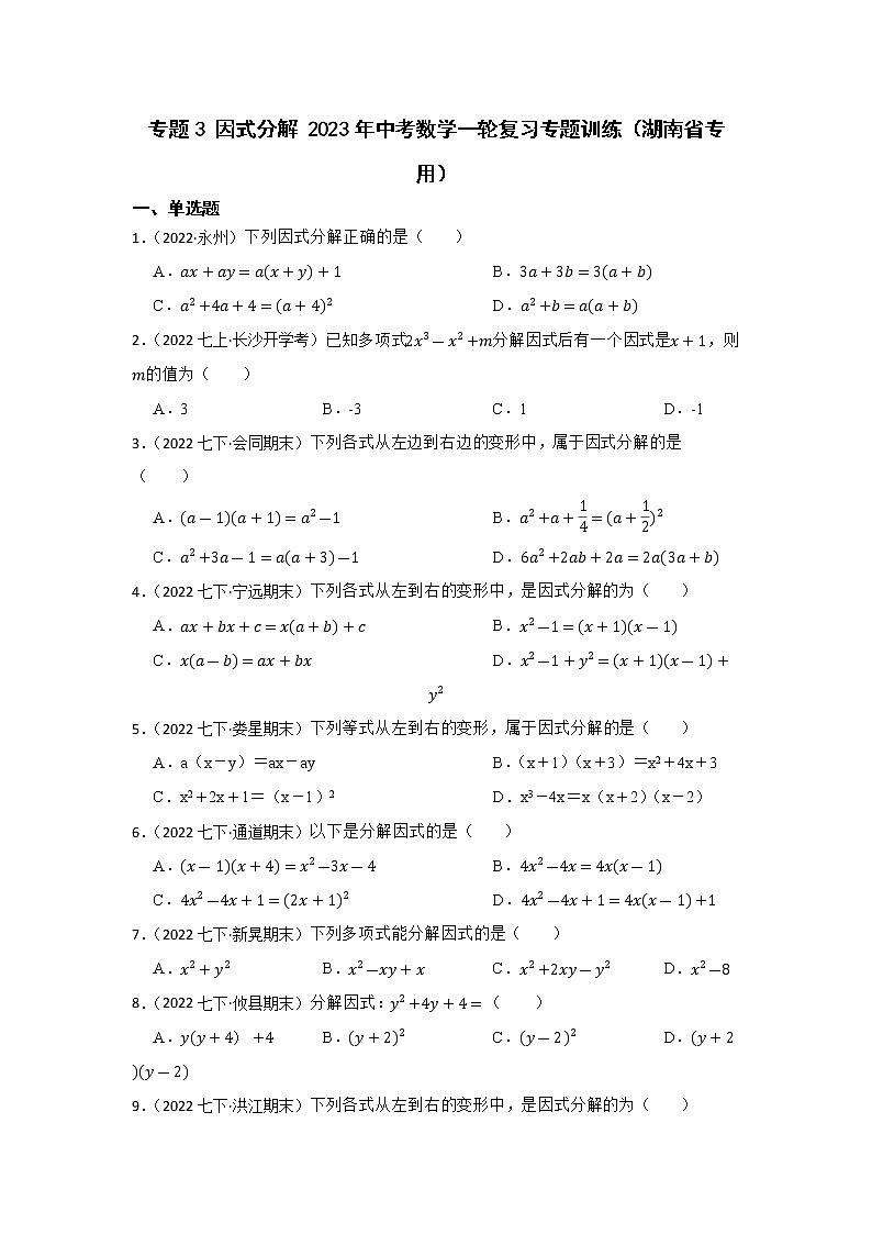 专题3 因式分解 2023年中考数学一轮复习专题训练(湖南省专用)第1页