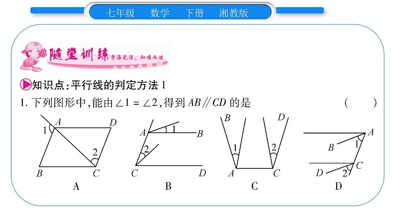 湘教版七年级数学下第4章相交线与平行线4.4 平行线的判定第1课时平行线的判定方法1习题课件08