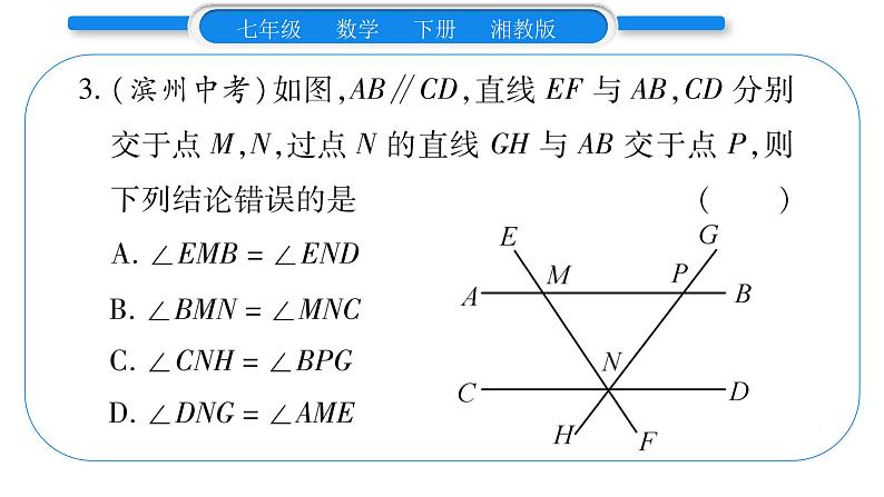 湘教版七年级数学下第4章相交线与平行线小专题(三)平行线的性质与判定习题课件第4页