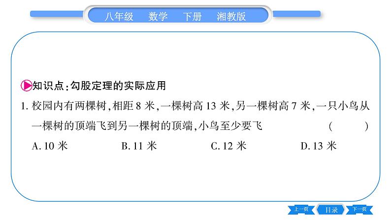 湘教版八年级数学下第1章直角三角形1.2 直角三角形的性质和判定(Ⅱ)第2课时勾股定理的实际应用习题课件05