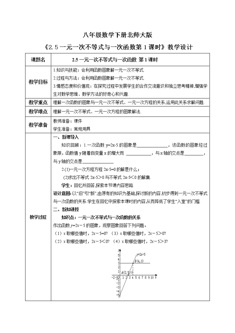 北师大版数学八年级下册2.5一元一次不等式与一次函数(第1课时) 教案第1页