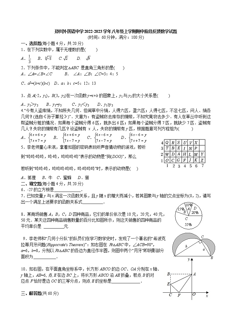 河南省郑州外国语中学2022-2023学年八年级上学期期中阶段反馈数学试题(含答案)第1页