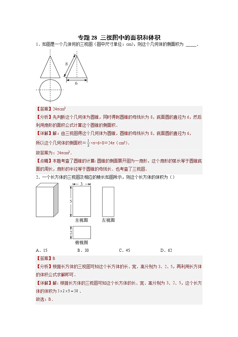 专题28 三视图中的面积和体积(解析版)第1页