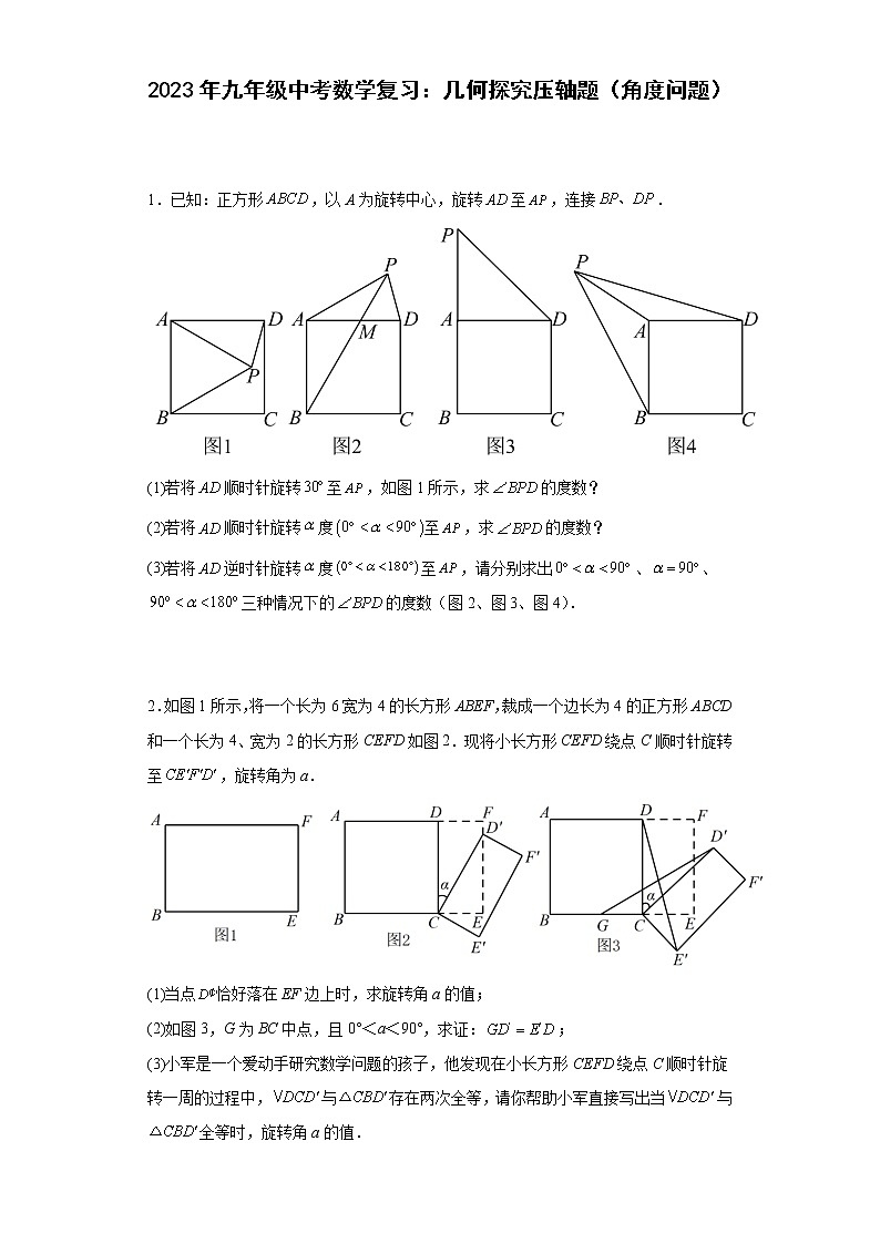 2023年九年级中考数学复习:几何探究压轴题(角度问题)01