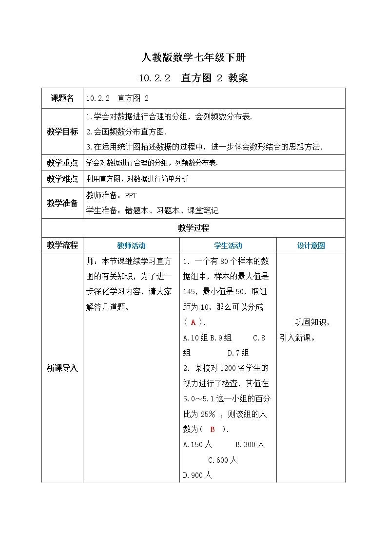 人教版数学七年级下册 10.2.2 《直方图 2》   课件PPT（送教案练习）01