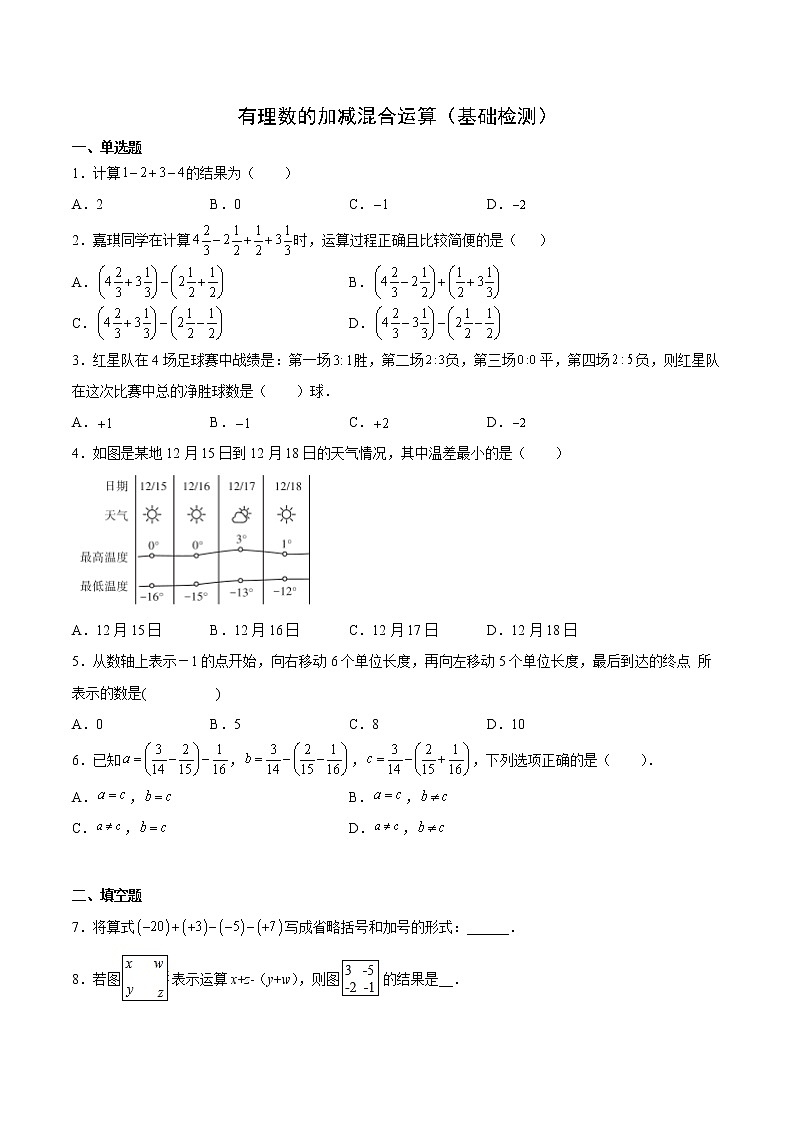 有理数的加减混合运算(基础检测)(原卷版)第1页