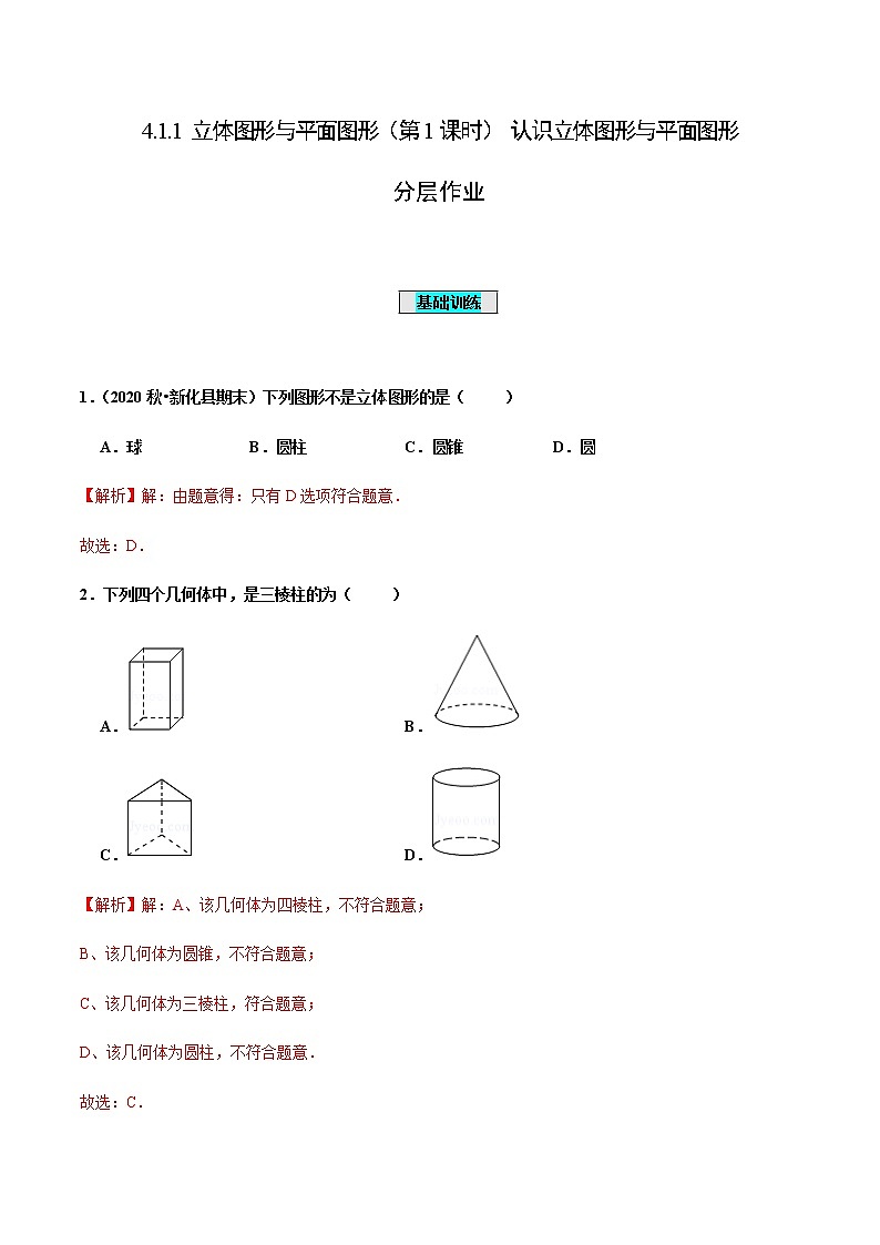 4.1.1 立体图形与平面图形(第1课时) 认识立体图形与平面图形(分层作业)【解析版】第1页