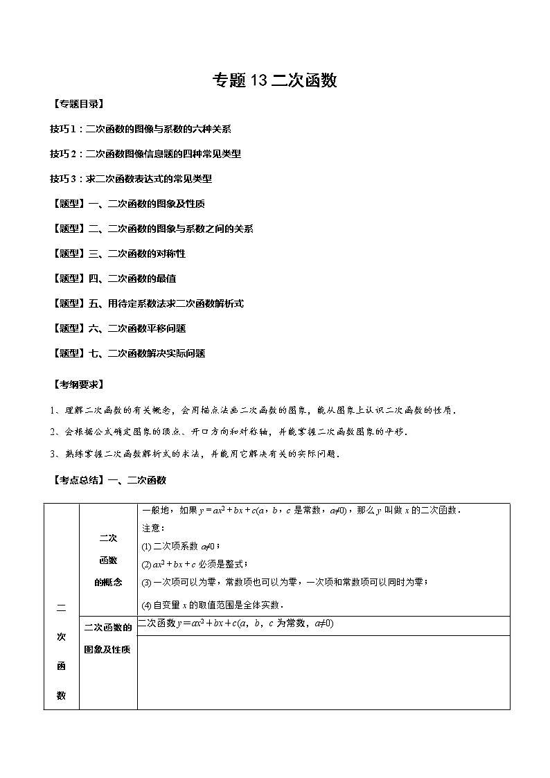 2023年中考数学一轮复习考点归纳与分层精练13 二次函数第1页