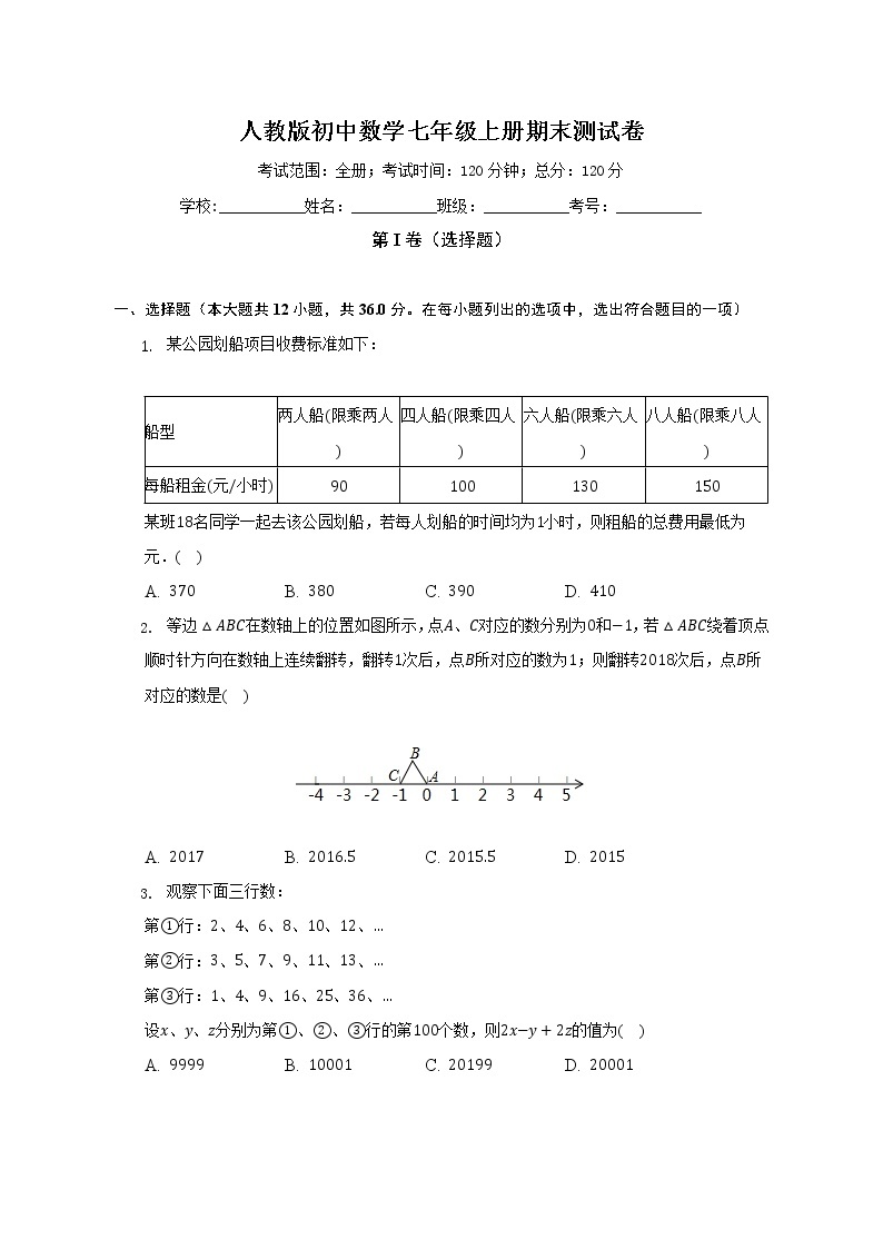 人教版初中数学七年级上册期末测试卷（困难）（含答案解析)01