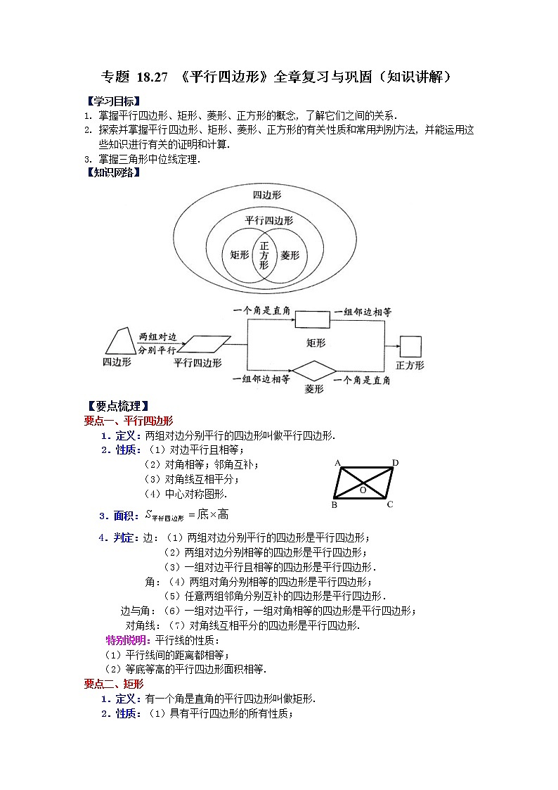 专题 18.27 《平行四边形》全章复习与巩固(知识讲解)-八年级数学下册基础知识专项讲练(人教版)01