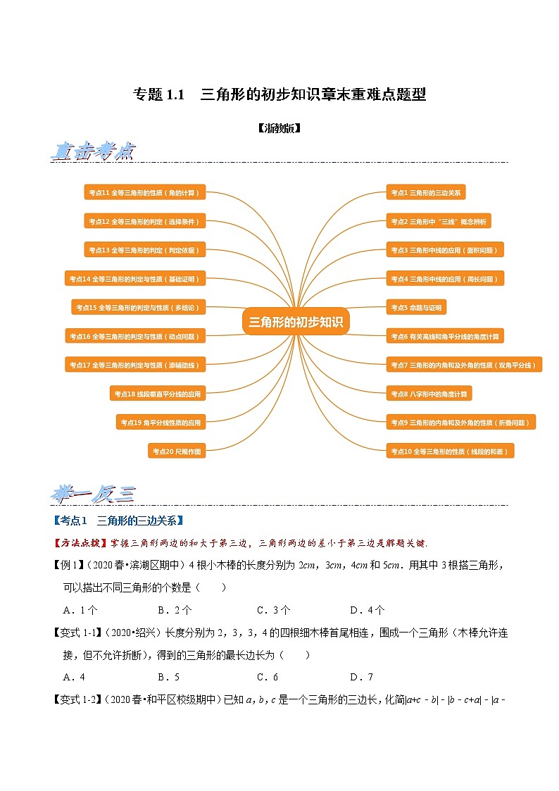 专题1.1 三角形的初步知识章末重难点题型(举一反三)(浙教版)(原卷版)第1页