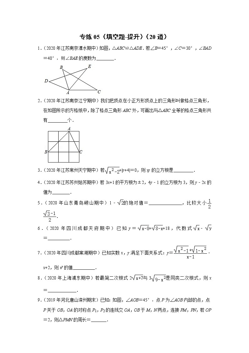 专练05(填空题-提升,20道)-2022-2023学年上学期八年级数学期末考点必杀200题(冀教版)(原卷版)第1页