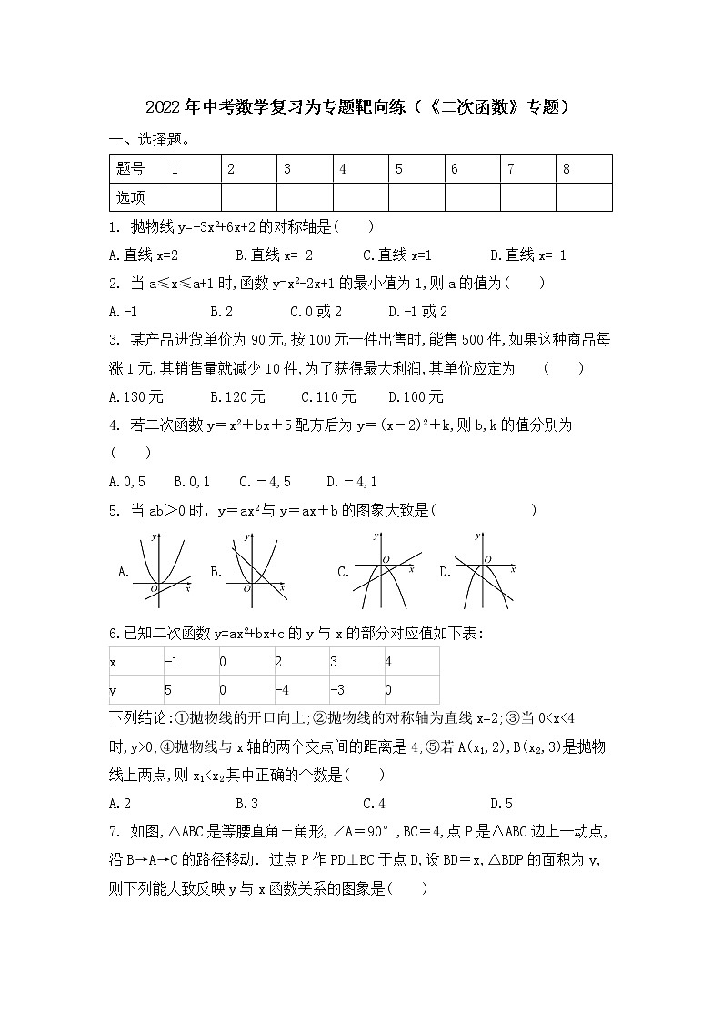 2022年中考数学复习为专题靶向练 二次函数 专题第1页