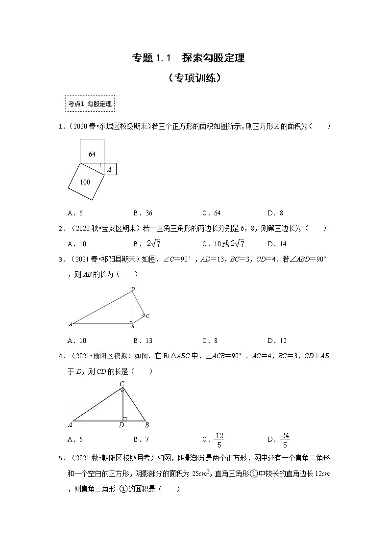 专题1.1 探索勾股定理(专项训练)-2022-2023学年八年级数学上册《同步考点解读•专题训练》(北师大版)01