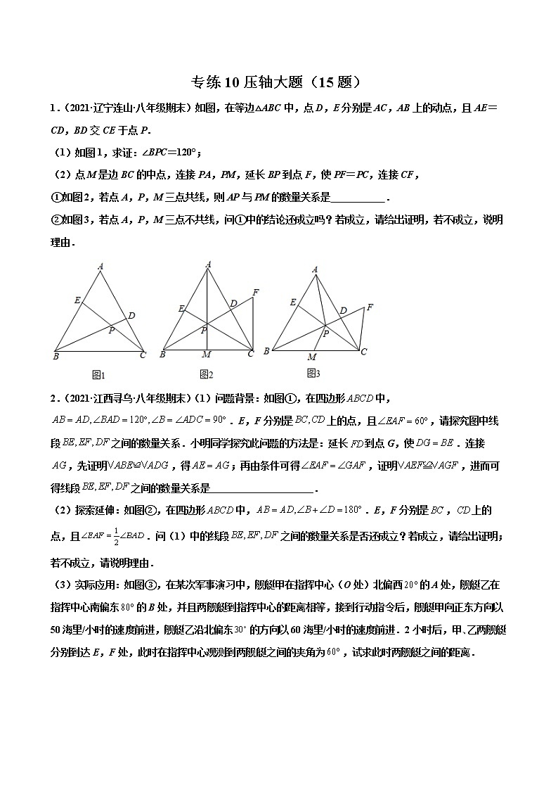 【期末考前必练】2022-2023学年苏科版数学八年级上册期末考点必刷题:专练10 压轴大题(15题)(原卷版)第1页
