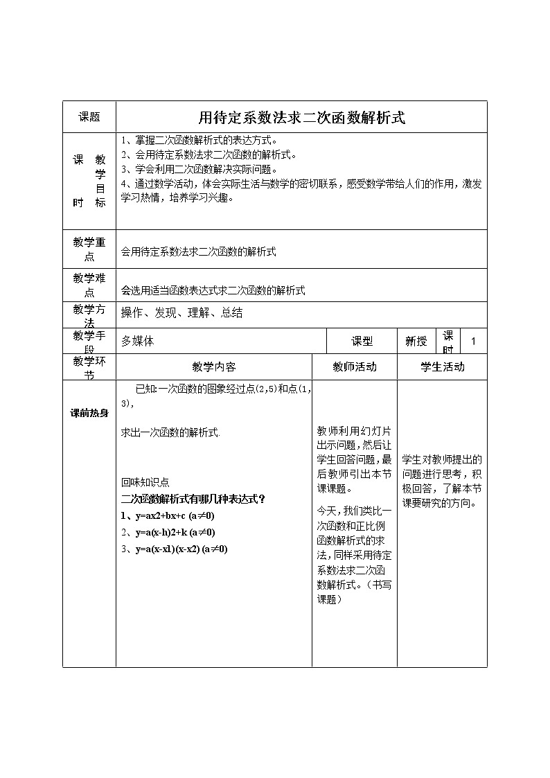 江苏科学技术出版社初中数学九年级下册 5.3 用待定系数法确定二次函数表达式 教案601