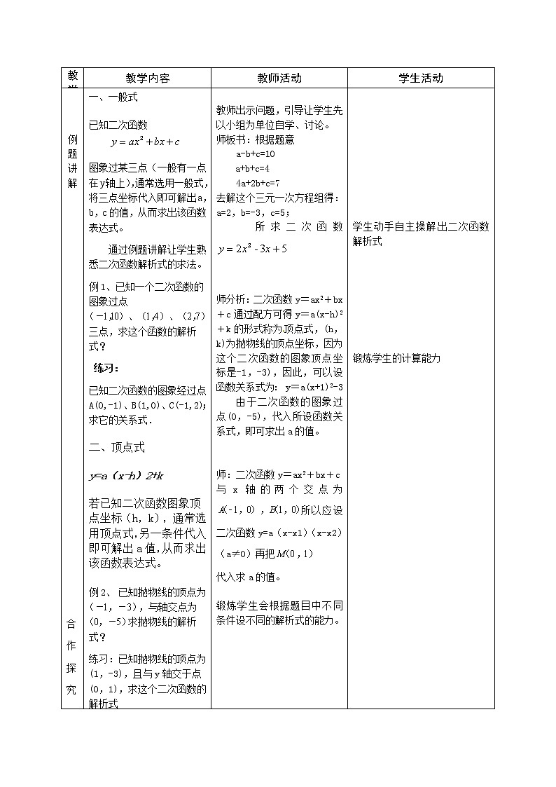 江苏科学技术出版社初中数学九年级下册 5.3 用待定系数法确定二次函数表达式 教案602