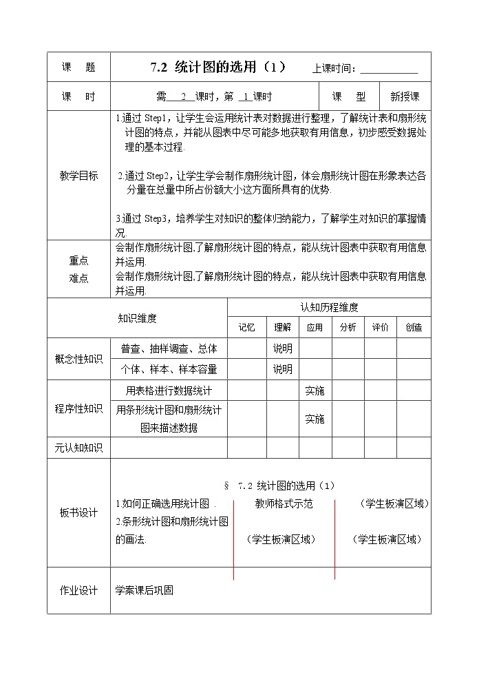 初中数学苏科版八年级下册7.2 统计表、统计图的选用教案设计