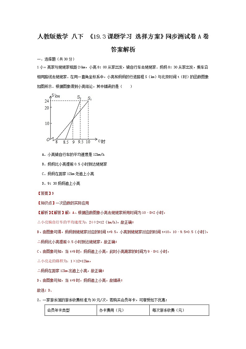 人教版数学 八下 《19.3课题学习新知方案》同步测试卷A卷 原卷+解析01