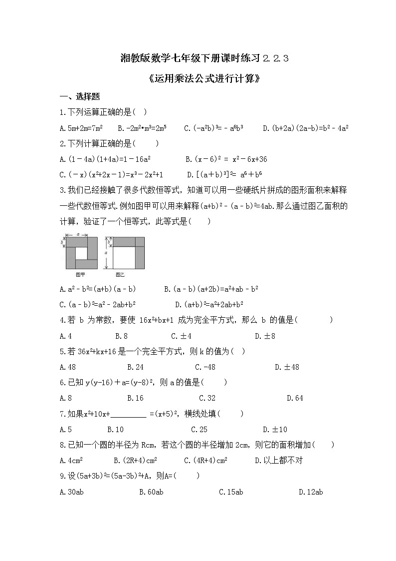 湘教版数学七年级下册课时练习2.2.3《运用乘法公式进行计算》(含答案)01