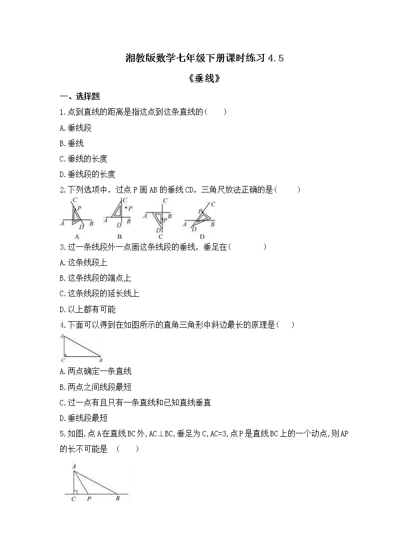 湘教版数学七年级下册课时练习4.5《垂线》(含答案)01