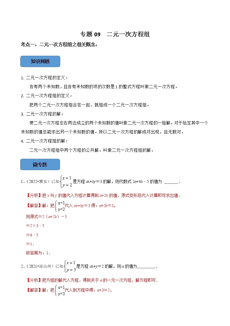 专题09 —二元一次方程组篇-备战2023年中考数学必考考点总结+题型专训（全国通用）01