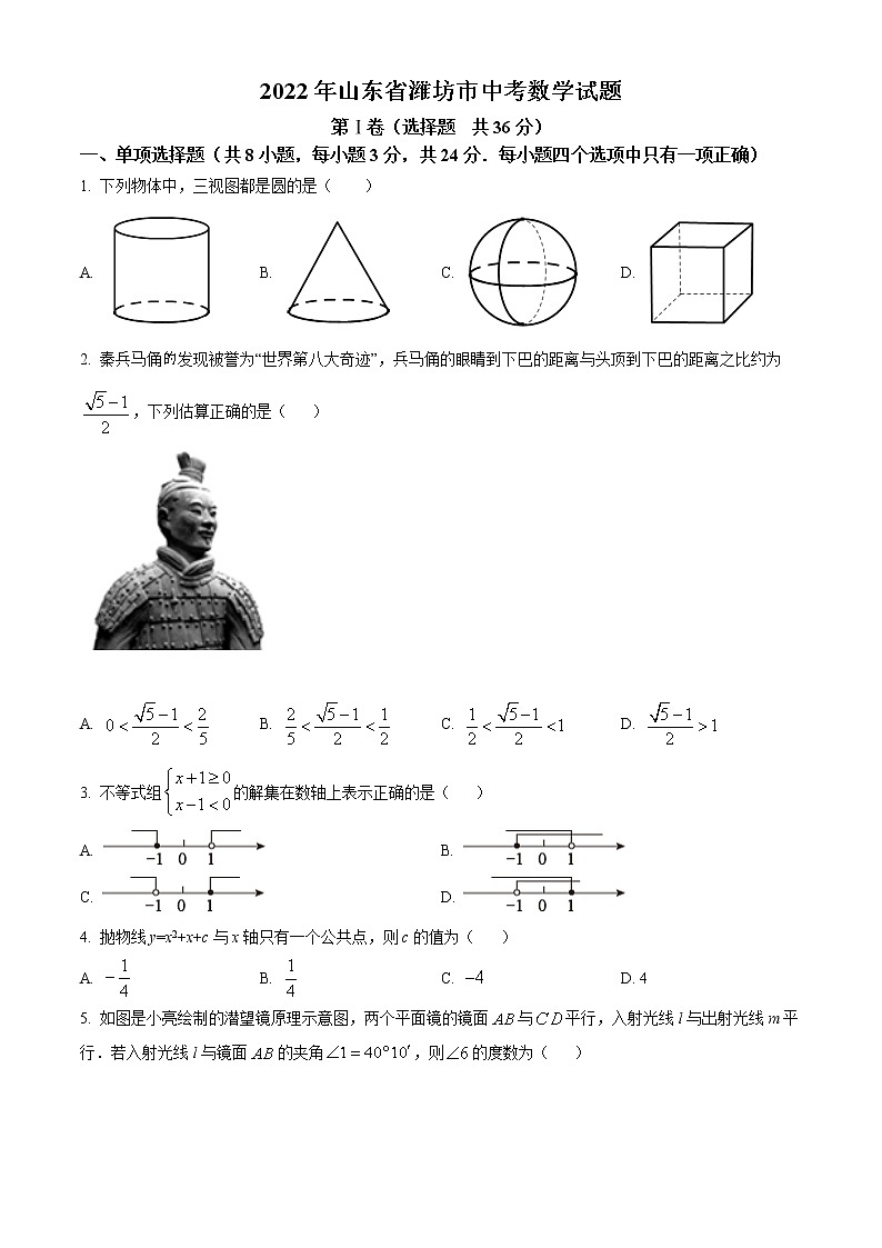 初中数学中考复习 精品解析:2022年山东省潍坊市中考数学真题(原卷版)01