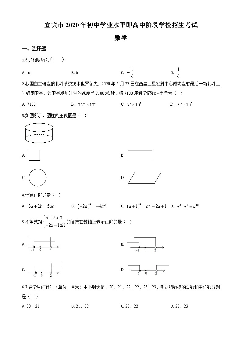 初中数学中考复习 精品解析:四川省宜宾市2020年中考数学试题(原卷版)第1页