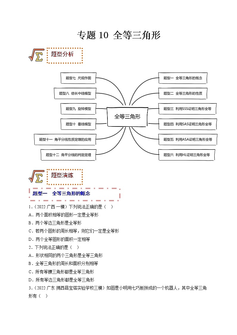 专题10 全等三角形(题型归纳)(原卷版)第1页