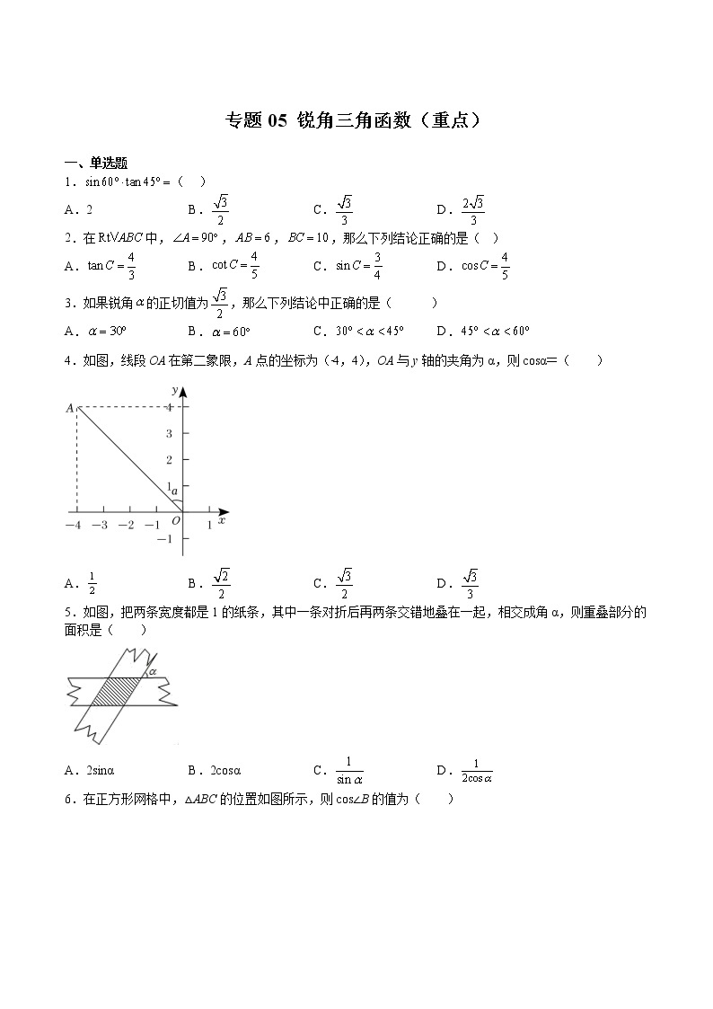 专题05 锐角三角函数（重点）-2022-2023学年九年级数学下册期中期末挑战满分冲刺卷（苏科版，江苏专用）01