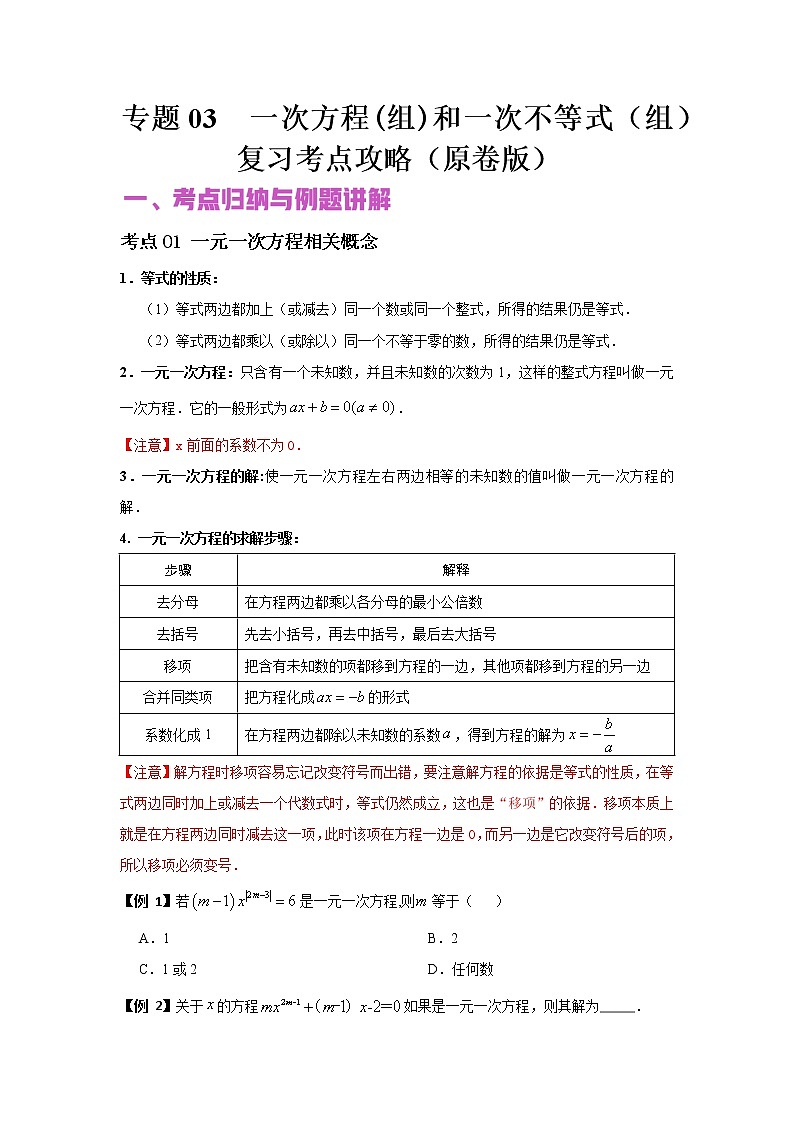 初中数学中考复习 专题03 一次方程(组)和一次不等式(组)(讲+练)-2022年中考数学二轮复习核心专题复习攻略(原卷版)01